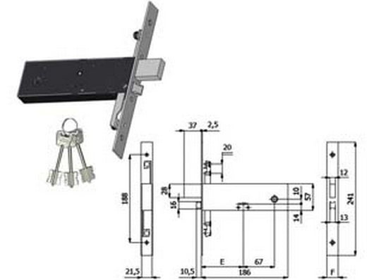 serratura triplice infilare per fasce d/mappa cat. e scrocco mm.57 h 5980 - mm.90 interasse mm.67 (5980) cod:ferx.fer394031