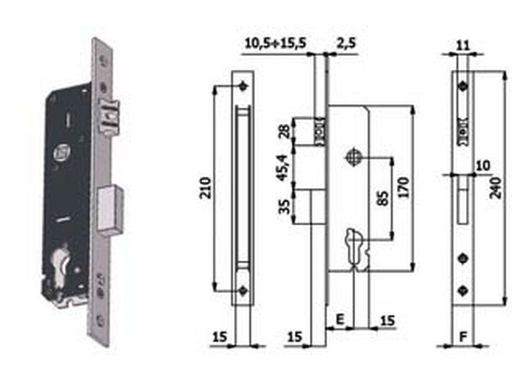 serratura da infilare per montanti catenaccio e scrocco 1300 - mm.25 interasse mm.85 (1300.25.22) cod:ferx.fer394680