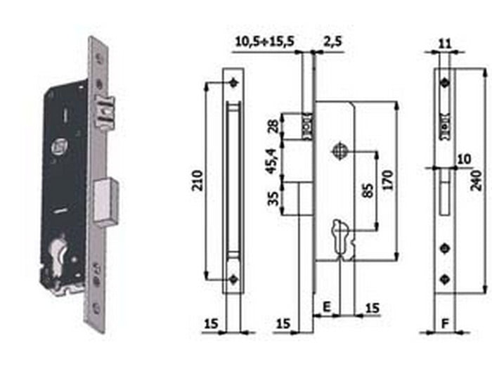 serratura da infilare per montanti catenaccio e scrocco 1300 - mm.30 interasse mm.85 (1300.30.22) cod:ferx.fer394697