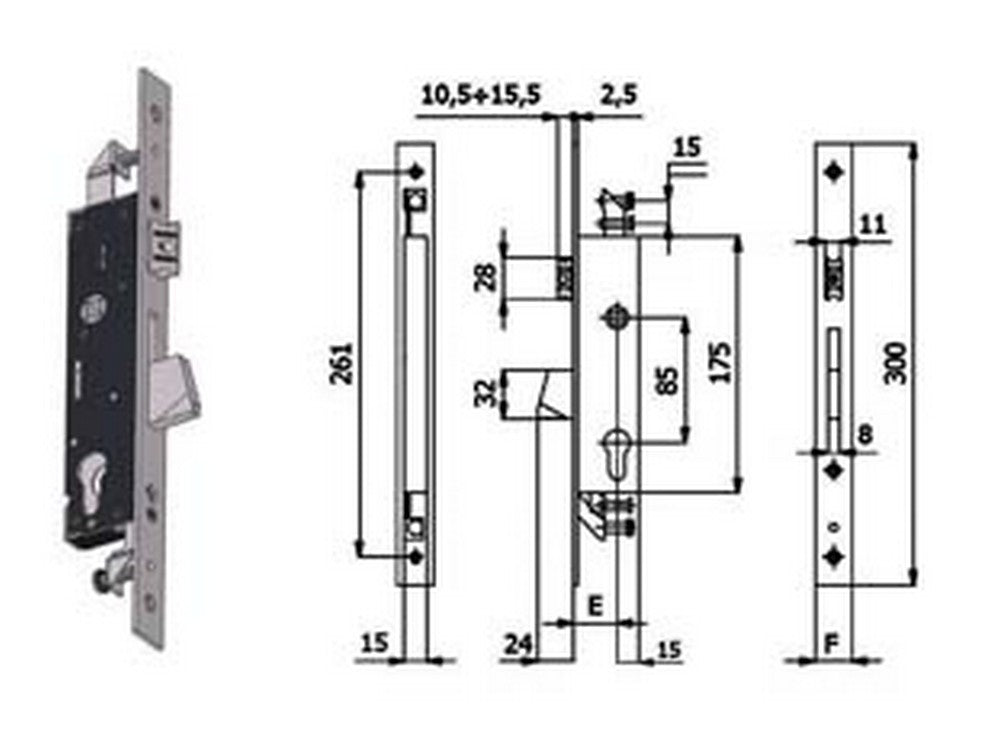 seserratura triplice infilare per montanti catenaccio e scrocco 1410s - mm.25 interasse mm.85 (1410s.25.25) cod:ferx.fer394741