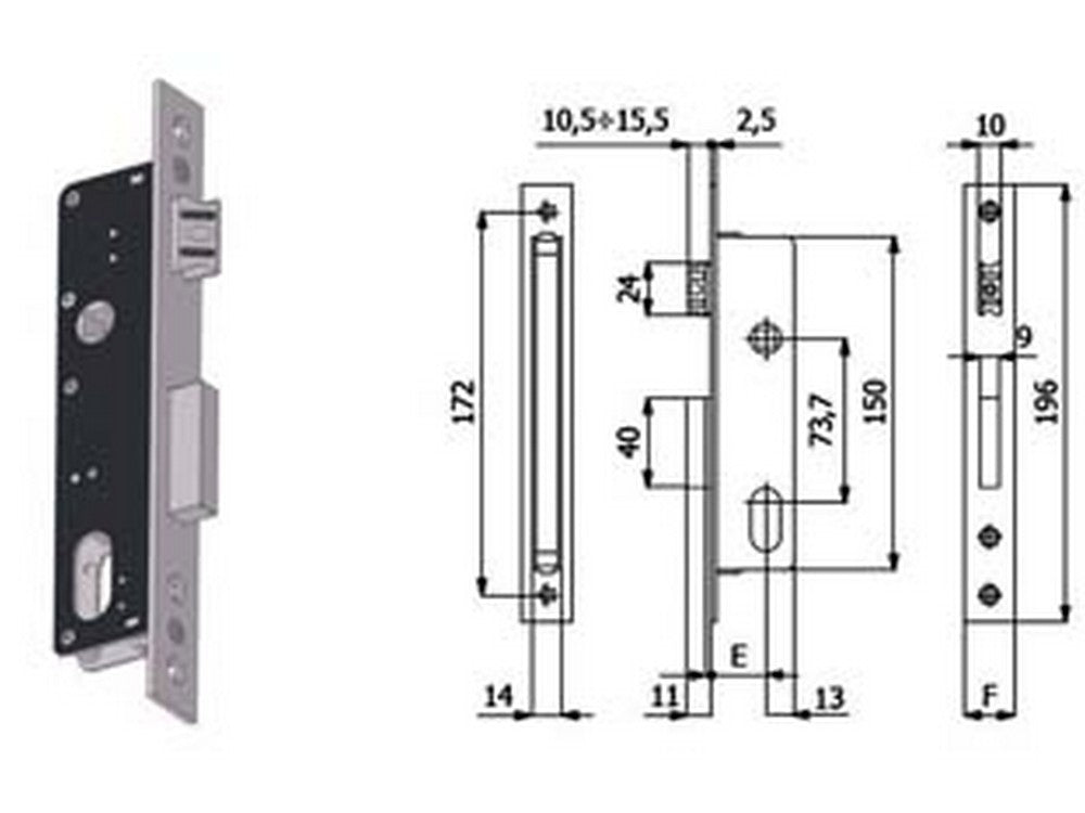 serratura da infilare per montanti catenaccio e scrocco 530 - mm.30 interasse mm.73,7 (530) cod:ferx.fer394772