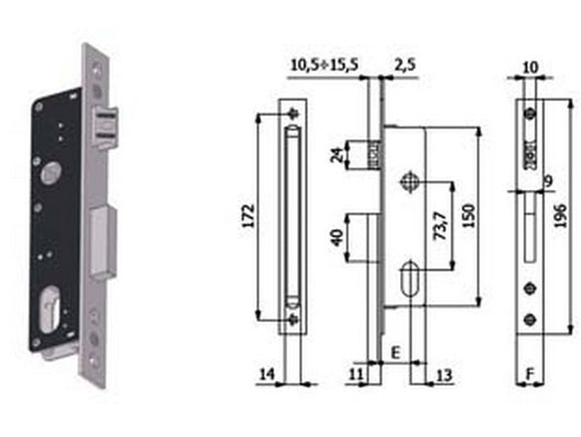 serratura da infilare per montanti catenaccio e scrocco 530 - mm.30 interasse mm.73,7 (530) cod:ferx.fer394772