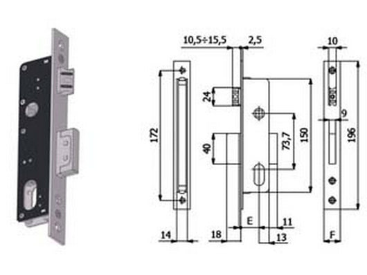serratura da infilare per montanti catenaccio e scrocco 540 - mm.30 interasse mm.73,7 (540) cod:ferx.fer394789