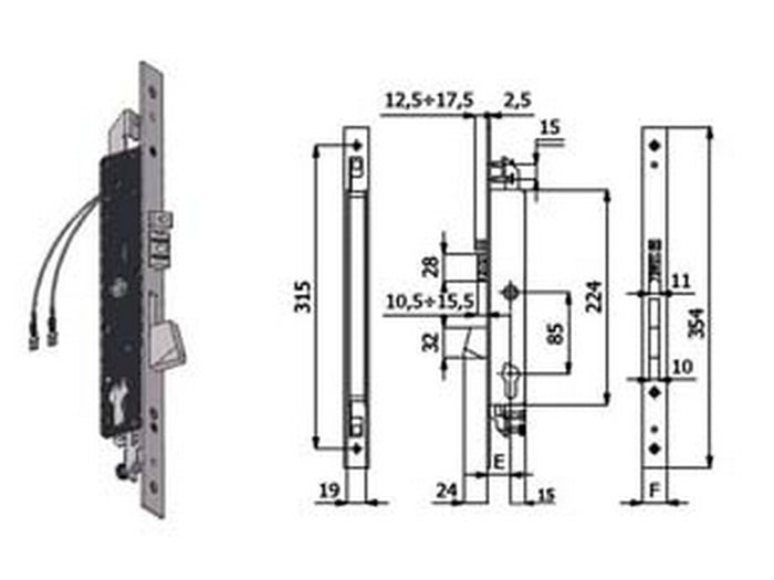 elettroserratura triplice infilare per montanti catenaccio e scrocco 1418q - mm.35 interasse mm.85 (1418q.35.25) cod:ferx.fer394819