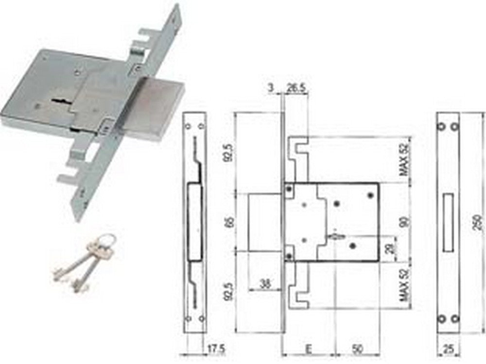 serratura triplice da infilare doppia mappa 450/3s - mm.60 (00450 3s 60 2c ci) cod:ferx.fer404143