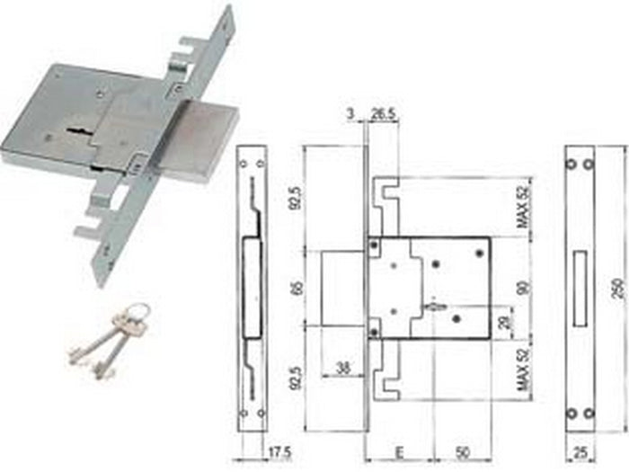 serratura triplice da infilare doppia mappa 450/3s - mm.60 (00450 3s 60 2c ci) cod:ferx.fer404143