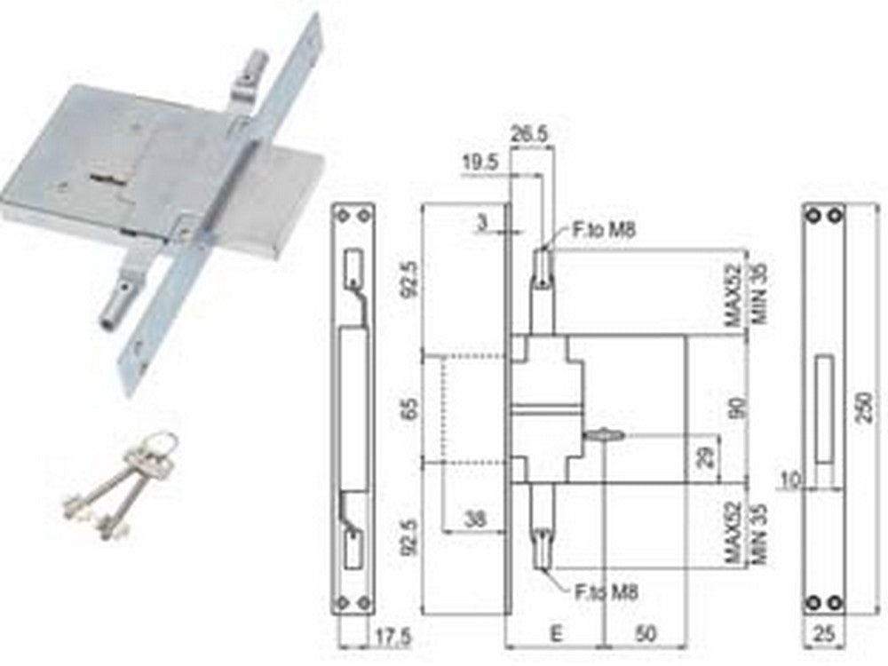 serratura triplice da infilare doppia mappa attacco aste m8 450/3m8s - mm.60 (00450 3m 60 2c ci) cod:ferx.fer404150
