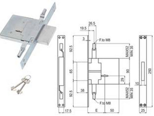 serratura triplice da infilare doppia mappa attacco aste m8 450/3m8s - mm.60 (00450 3m 60 2c ci) cod:ferx.fer404150