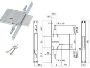 serratura triplice da infilare doppia mappa attacco aste m8 450/3m8s - mm.70 (00450 3m 70 2c ci) cod:ferx.fer404266