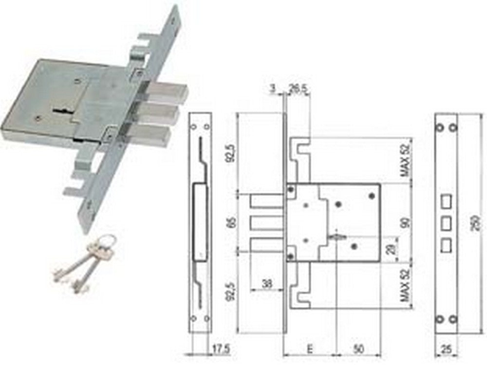 serratura triplice da infilare d. mappa catenaccio antistrappo 460/3s - mm.70 (00460 3s 70 2c ci) cod:ferx.fer404167