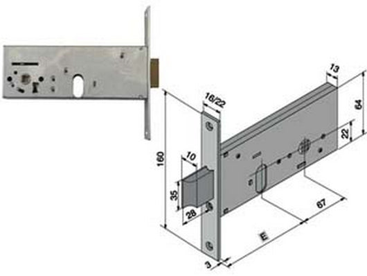 serratura da infilare per fasce catenaccio e scrocco mm.64 h 133 - mm.60 (13360010) cod:ferx.fer407205
