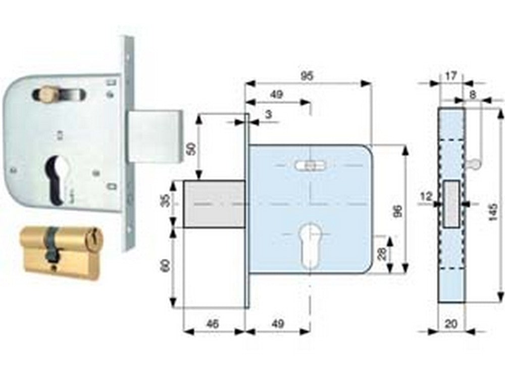 serratura infilare cancelli catenaccio scrocco +quadro cilindro sagomato 13 cod:ferx.fer407212