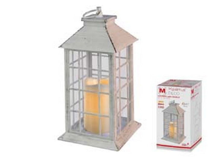 lanterna quadra quadrettata con candela led - 2700?k - cm.14x14x30h. - colore bianco antico cod:ferx.fer407946