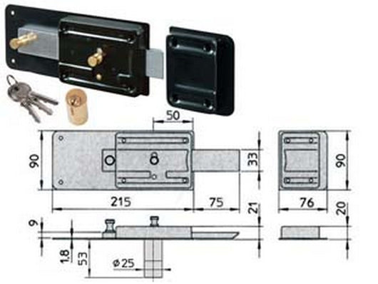ferroglietto applicare catenaccio 5 mandate e scrocco cilindro fisso 1.7852 - mm.50 (1.7852/714) cod:ferx.fer410960
