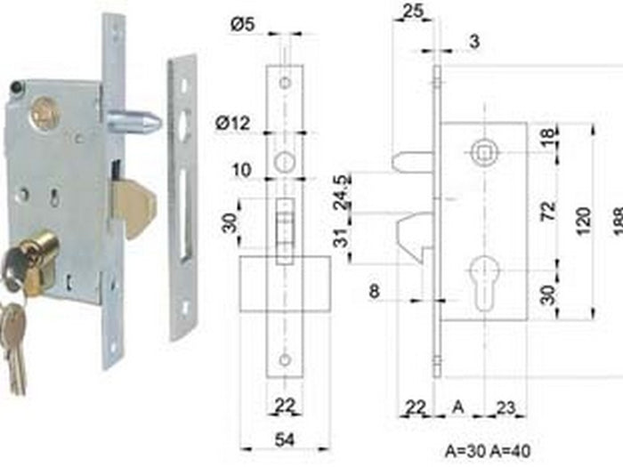 serrature infilare per cancello a gancio con perno - entrata mm.40 art.447/pb cod:ferx.fer417112