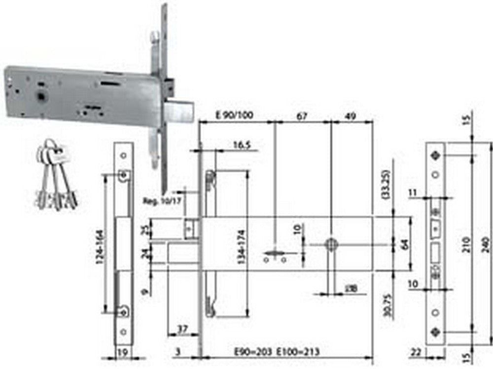 serratura triplice da infilare doppia mappa per fasce mm.64 h 96311 - mm.90 (963110902) cod:ferx.fer419550