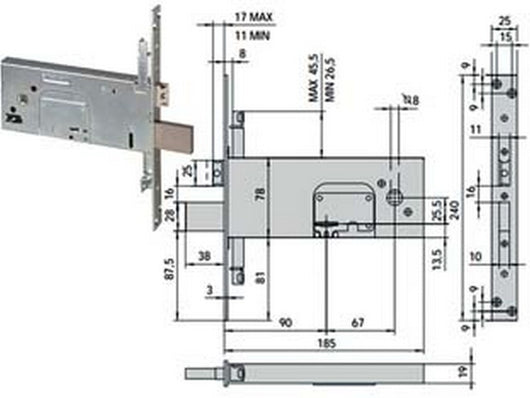 serratura triplice da infilare per fasce doppia mappa mm.78 h 57358 - mm.90 (57358900) cod:ferx.fer425353