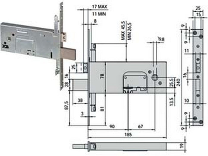 serratura triplice da infilare per fasce doppia mappa mm.78 h 57358 - mm.90 (57358900) cod:ferx.fer425353