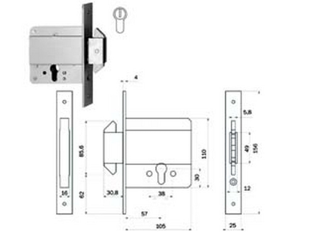 serratura infilare cancelli solo cat. ganci rientranti cilindro europ. 778 - mm.61 (0000007780000) cod:ferx.fer433013