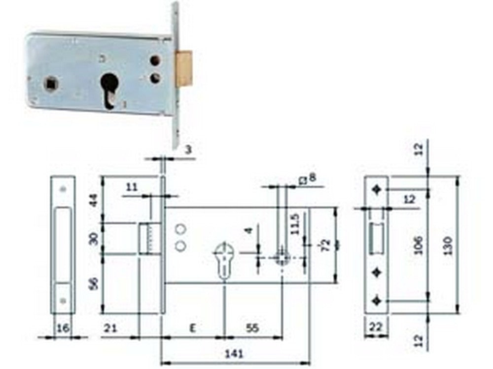 serratura infilare per fasce caten. e scrocco mm.72 h profilo europ. 720 - mm.60 (720600) cod:ferx.fer433020