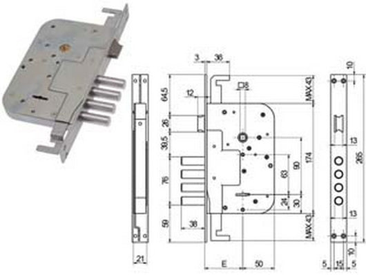 serrature infilare doppia mappa catenaccio a pioli 634 - mm.60 (00634 30 60 3c 00) cod:ferx.fer447416