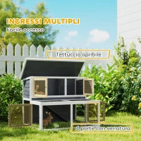 Conigliera a 2 Livelli con Vassoio Estraibile in Legno di Abete e Acciaio, 122x95x93.5 cm, Multicolore