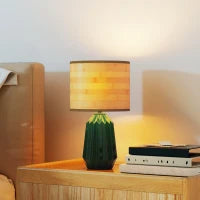 Lampada da Tavolo con Base in Ceramica e Paralume in Lino Stile Retrò 40W Verde e Legno Naturale