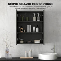 Armadietto Pensile Bagno 2 Ante con Specchiera e 2 Ripiani Interni in MDF, 60x15x75 cm, Nero