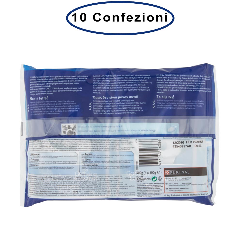 Purina felix le ghiottonerie umido gatto salmone & tonno 10 confezioni da 4 buste da 100 grammi