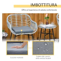 Set Mobili da Giardino in Rattan PE con 2 Sedie e Tavolino con Ripiano in Vetro, Grigio