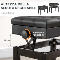 Sgabello per Pianoforte con Altezza Regolabile e Contenitore in Legno e Finta Pelle, 63x35x46-56cm, Nero