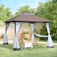 Gazebo da Giardino 3x3m con Zanzariera, Tetto a 2 Livelli e Struttura in Metallo Marrone
