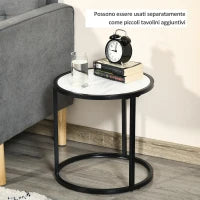 Set di 2 Tavolini da Salotto Rotondi Impilabili in Acciaio ed Effetto Marmo, Bianco