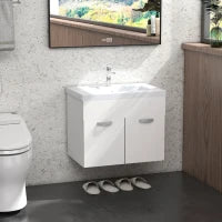 kleankin Mobile Bagno Sospeso con Lavabo, Armadietto a 2 Ante con Cerniere Ammortizzate, 61x40x50cm, Bianco Lucido