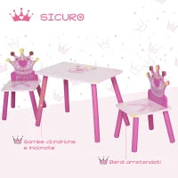 Set Tavolo e 2 Sedie a Tema Principesse per Cameretta Bambini in Legno Rosa con Schienale a Forma di Corona