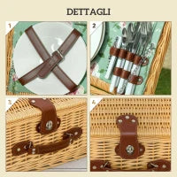 Cestino da Picnic in Vimini per 2 Persone con Piatti, Calici, Cavatappi e Posate, 40x30x20 cm, Marrone