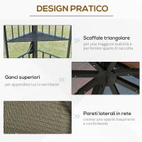 Gazebo da Giardino 3x3m con Zanzariera e Tetto a 2 Livelli, Mensole Laterali e Ganci, Caffè