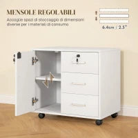 Schedario per Ufficio con 3 Cassetti e Armadietto con 3 Ripiani Regolabili, in Legno, 60x40x56 cm, Bianco