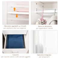 Armadio Moderno Guardaroba 2 Ante con Specchio e 3 Cassetti, Mensole Regolabili e Barra Appendiabiti, 80x50x180cm, Bianco
