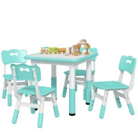 Set Tavolo e Sedie per Bambini 5pz con 4 Sedie Regolabili 32x36x52.5-56 cm e Tavolo 60x60x46-58 cm, Verde