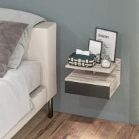Set di 2 Comodini Sospesi Moderni con Cassetto e Mensola Superiore, 35x32x22.5cm, Rovere e Nero
