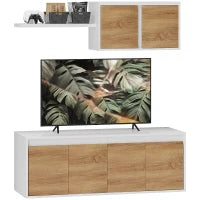 Set Mobile TV e Armadietto a Muro con 7 Ripiani e Scaffale Aperto, in Legno, 120x41x43.3 cm, Bianco e color Legno