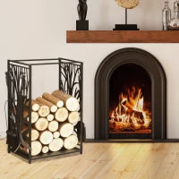 Potalegna per Camino in Acciaio e Antiruggine, Porta Legna per Interni ed Esterni con Design Elegante e 4 Attrezzi, 46x30x70 cm, Nero