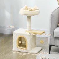 Albero Tiragraffi per Gatti con Posatoio e Casetta, in Legno, Peluche e Sisal, 40x30x72 cm, Beige e Giallo