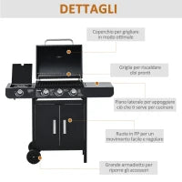 Barbecue a Gas con Coperchio, 4 Bruciatori da 11.6kW, Fornello, Mensola e 2 Ruote, 110x50x100cm Nero