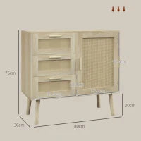 Mobile Multiuso Stile Boho con Armadietto e 3 Cassetti in Legno e Rattan, 80x36x75cm, Rovere