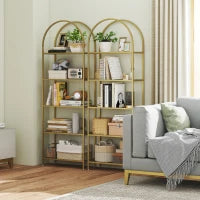 Scaffale Portaoggetti ad Arco a 5 Ripiani in Acciaio e Vetro Temperato, 60x30x175 cm, Oro