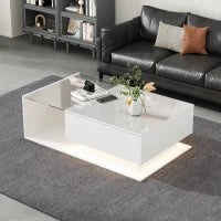 Tavolino Salotto Moderno Lucido con Illuminazione LED, con Piano in Vetro e Cassetto, Resistente ai Graffi, 100x50x32 cm, Bianco