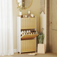 Scarpiera Stretta con 3 Porte in Bambù con Doghe Ripiani Regolabili per 18 Paia di Scarpe Bianco e Naturale