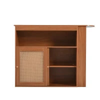 Tavolo bar allungabile con spazio di stoccaggio, intreccio di rattan sulle ante, ripiani regolabili, 138-193×39×104 cm, Marrone